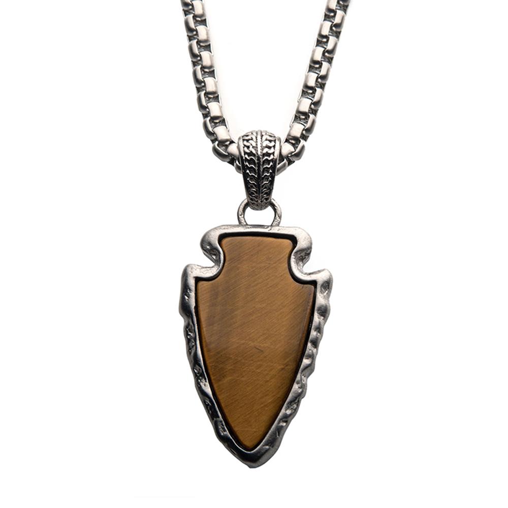 A men’s pendant from INOX, featuring a tiger eye stone set in a brushed steel frame and hanging from a 24-inch chain, showcases earthy browns contrasted with sleek design elements and intricate metalwork.