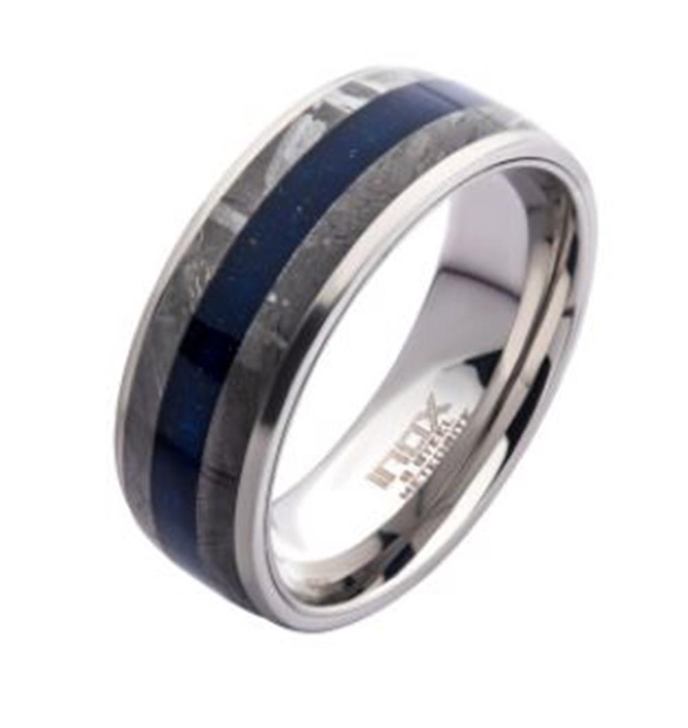 The INOX Men's Lapis Lazuli & Meteorite Inlay Steel Ring in size 10 showcases a wide band with a striking design: a dark blue Lapis Lazuli inlay stripe bordered by an intricately textured, silvery meteorite pattern. The interior of the ring is smooth and polished, featuring the engraving "INOX" along with additional text.