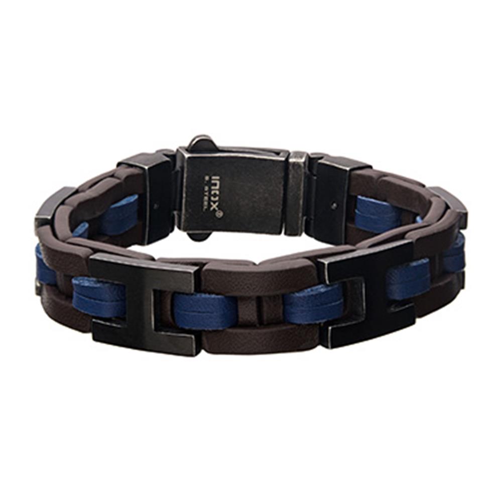 A men's stainless steel brown bracelet from INOX, featuring intertwined blue and black leather bands with black metal accents and a clasp adorned with the "INOX" logo.