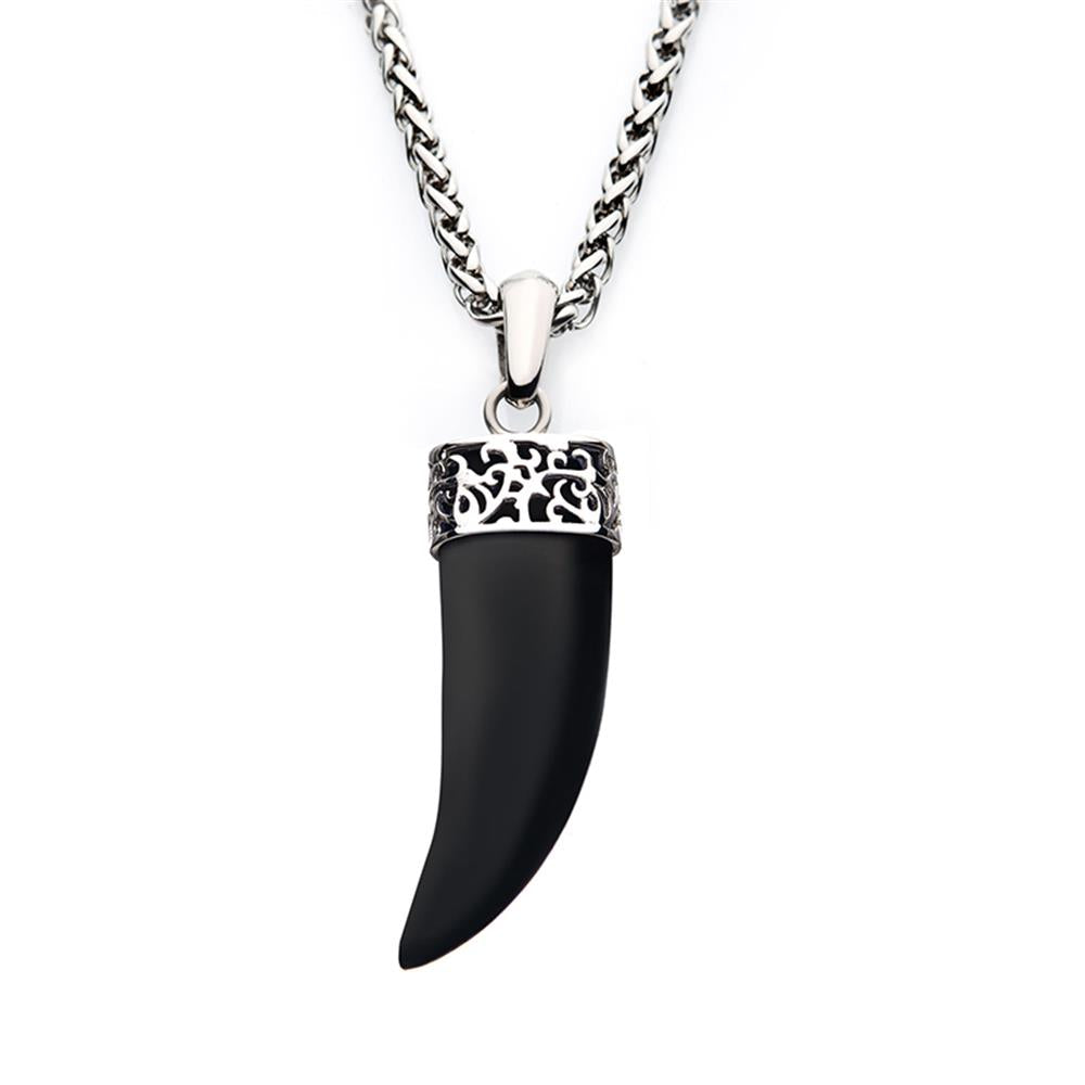 Introducing the Men's Stainless Steel with Black Agate Stone Horn Pendant by INOX: a sleek and stylish 24-inch necklace featuring a claw-shaped black agate stone pendant with an ornate silver cap adorned with intricate floral patterns. The cap seamlessly connects the pendant to the chain via a small loop, making it a standout accessory for any outfit.