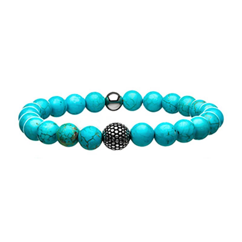 The INOX Men's Blue Turquoise Stone Bracelet features a string of round blue turquoise stone beads with natural veining patterns. It includes one larger steel ornamental bead and a small silver metallic bead, accentuating the overall design. The turquoise beads exhibit variations in color and texture, further enhancing its unique appeal.