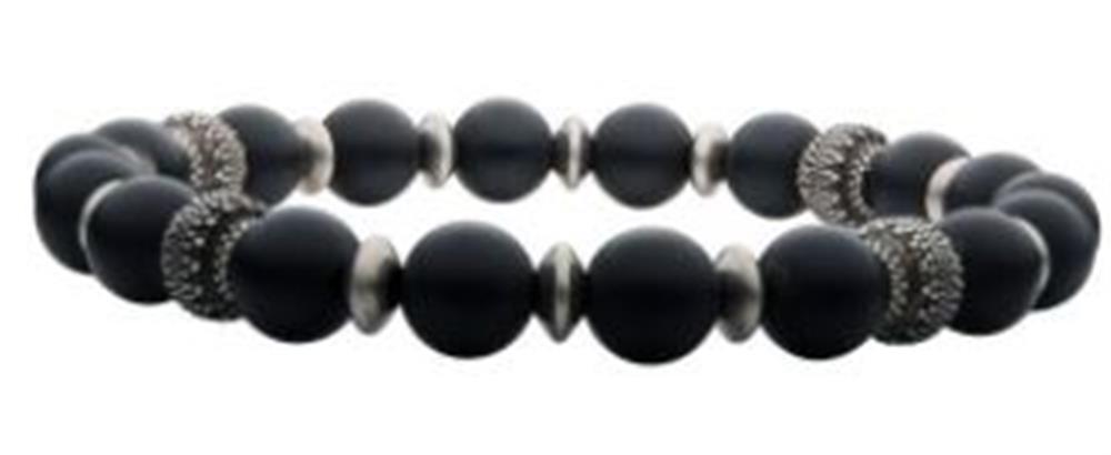 The INOX Men's 8mm Matte Black Agate Stones with Black Oxidized Beads Bracelet showcases a sequence of round matte black agate beads complemented by silver rondelle spacers and textured metallic accents, creating a balanced and stylish design.