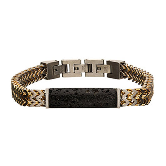 Stainless Steel Gold Plated Double Franco Chain with Lava Stone ID Link Bracelet | INOX