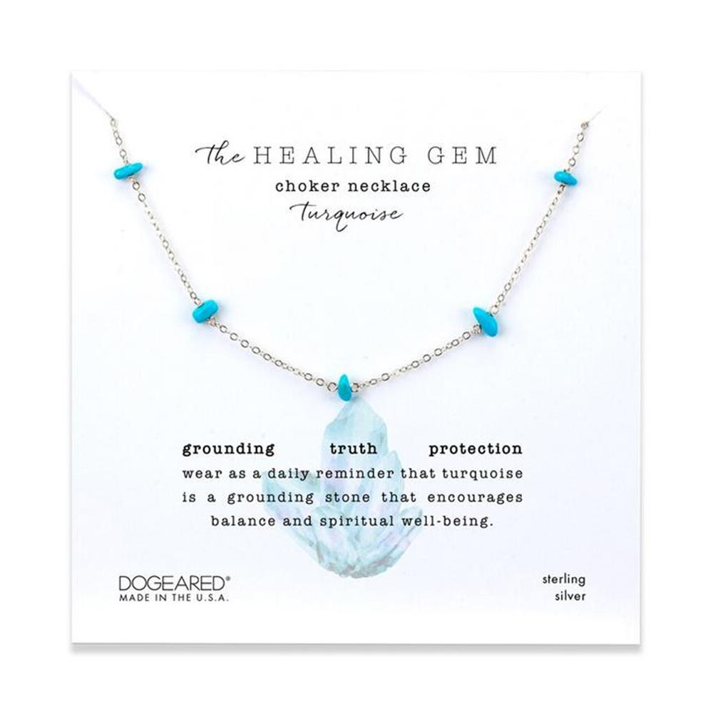 Image of a sterling silver choker necklace with vibrant turquoise gems on a card. The card reads: "Healing Gem Turquios - Dogeared," symbolizing grounding, truth, and protection. Crafted in the USA.