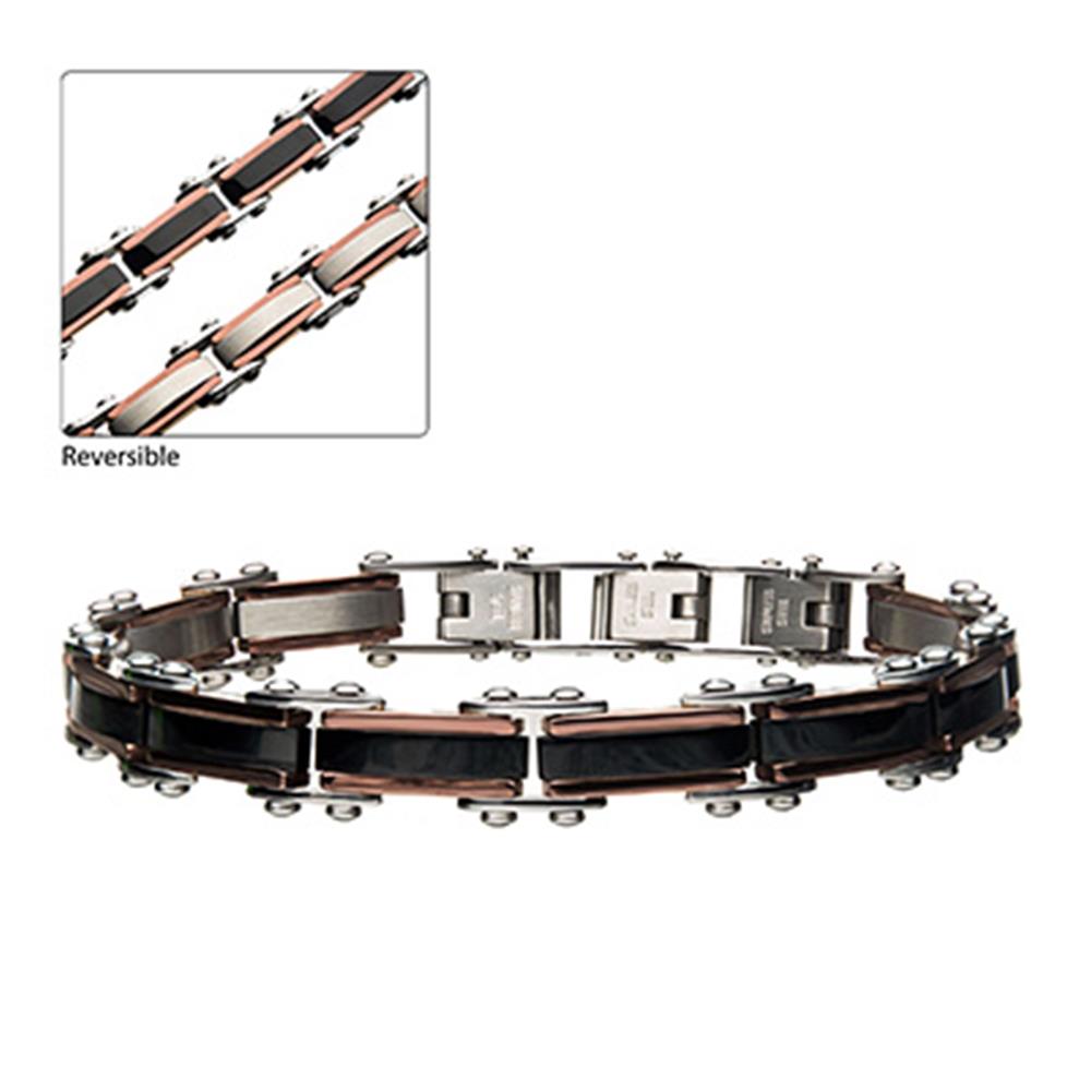 A stylish men's stainless steel bracelet from INOX, featuring rose gold and black plating with a reversible design. The bracelet showcases alternating patterns of polished black and brushed silvery links, highlighted in the inset image to emphasize its reversible functionality.