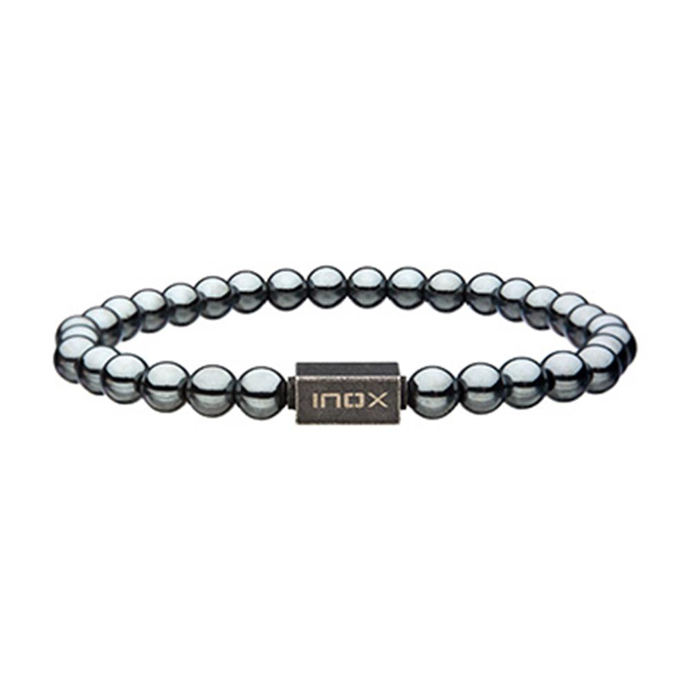 The INOX Men's 6mm Hematite Gemstone Stretch Bead Bracelet with Steel Clasp features metallic spherical beads and a central rectangular bead engraved with "INOX." Its hematite gemstone beads are evenly spaced around for a stylish and balanced look.