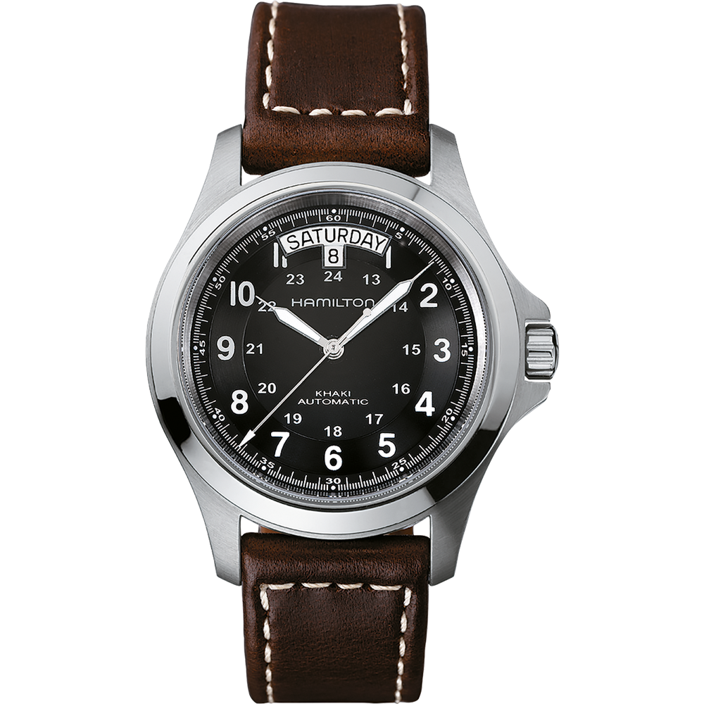 The Hamilton Khaki Field King Automatic Watch, with a 40mm stainless steel case, features a sophisticated brown leather band and a black dial adorned with white hour markers and hands. The watch also includes a date window at the 12 o'clock position displaying Saturday the 8th, highlighting its classic military time design.