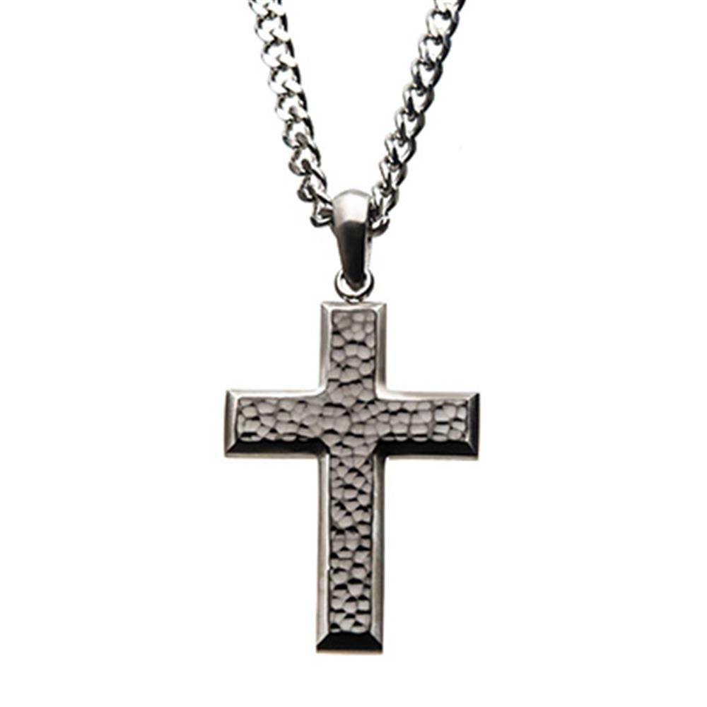 A close-up image showcases the INOX Men's Stainless Steel Hammered Pendant Necklace, featuring a textured cross pendant that hangs on a thick silver chain. The hammered design of the cross adds detailed, rugged charm, and the pendant is centrally positioned against a plain white background.