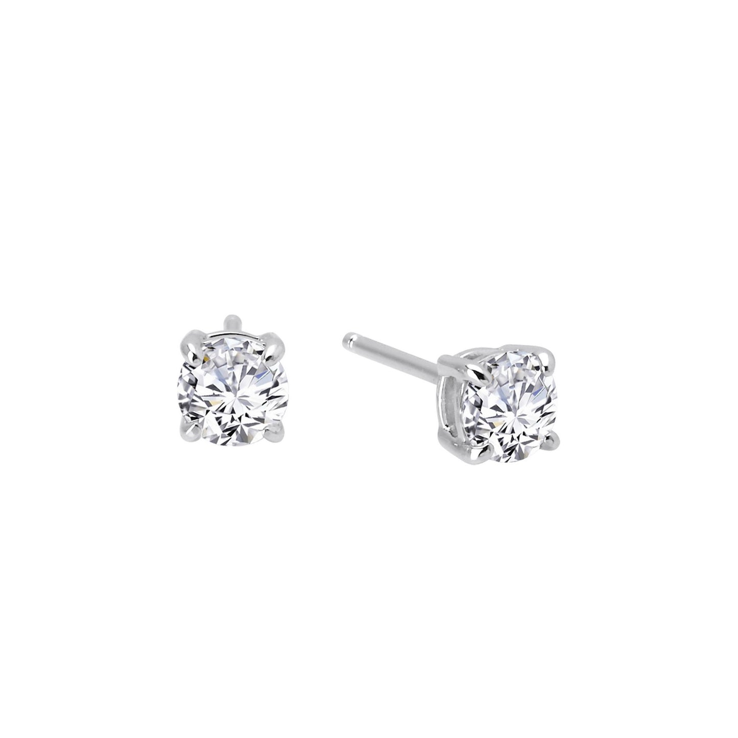 A pair of simple, elegant stud earrings featuring round, clear simulated diamonds set in a four-prong sterling silver setting from Lafonn. The 1 Carat Diamond Stud Earrings are shown side by side on a white background.