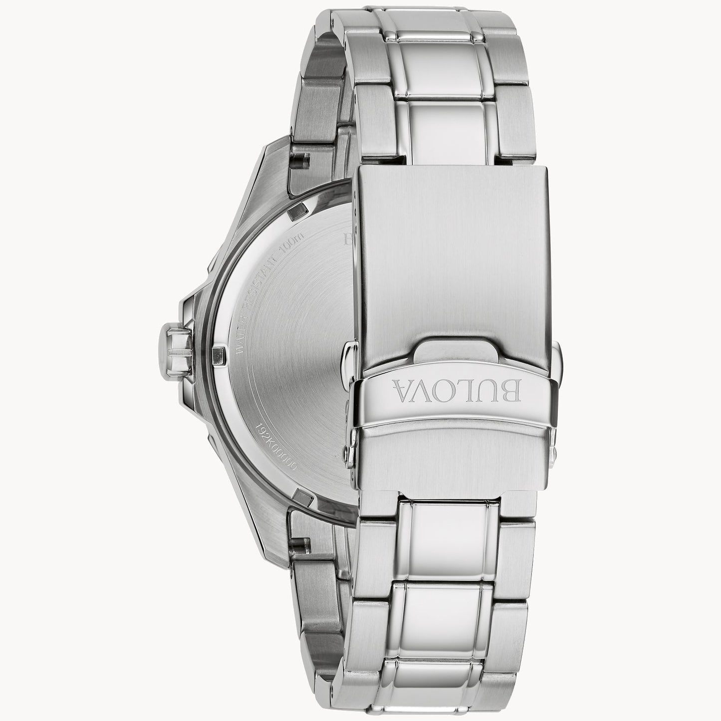 Close-up image of the Bulova Marine Star Watch (96B382) by Bulova Watch Company, focusing on the back side of this men's timepiece. The watch features a stainless steel band with a deployment clasp, engraved with the "Bulova" logo. The case back is smooth and slightly reflective.