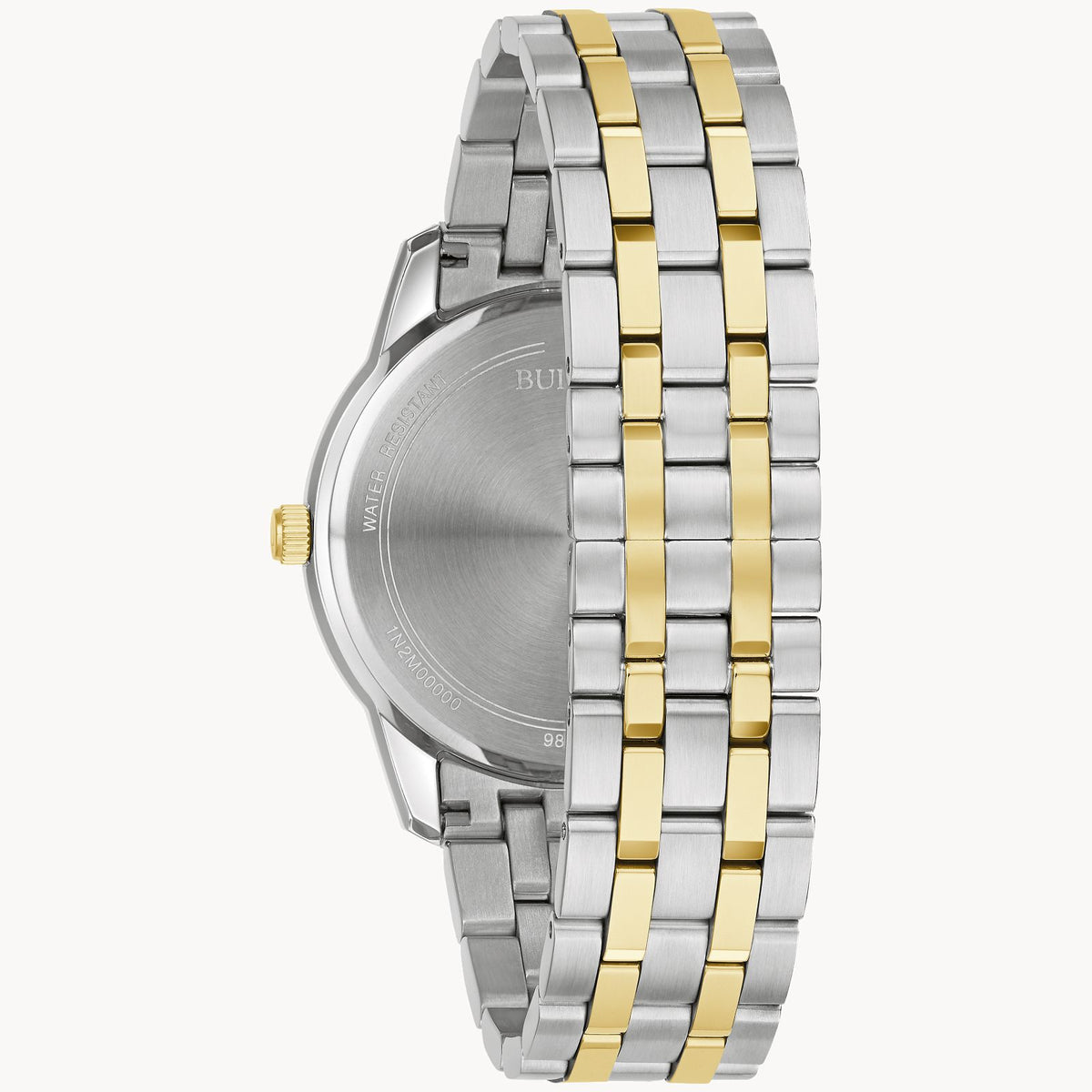 The Bulova Sutton Classic Watch (98B385) from the Bulova Watch Company features a silver and gold link bracelet with alternating silver and gold links. This men's watch showcases engravings on the visible back of the case, has a crown on the right side, and boasts a brushed metal finish.