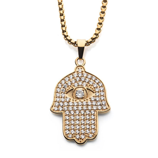 18K Gold Plated CZ Hamsa Pendant, with 22" Gold Plated Box Chain | INOX
