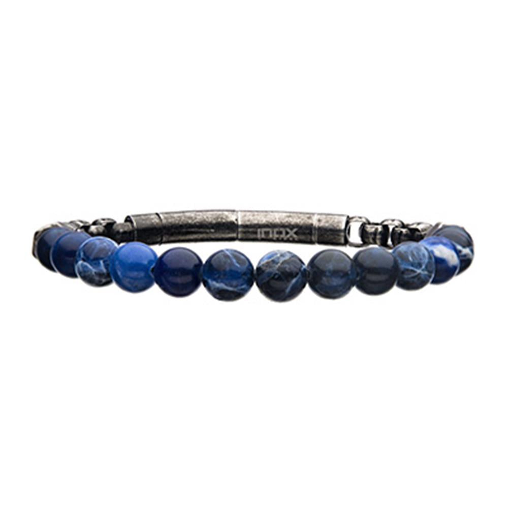 Introducing the INOX 8mm Sodalite Beads and Box Chain Bracelet, a men's accessory featuring blue sodalite beads that transition from dark to light. The back half is designed with a box chain and includes a small rectangular metal piece engraved with "max."