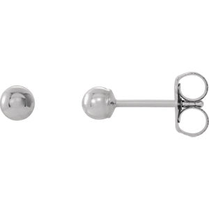 A pair of Baxley Jewelry’s 14K Gold Ball Stud Earrings, ranging from 3mm to 10mm, with a bright finish. One earring is shown from the front as a smooth metallic ball, while the other is seen from the side displaying a thin post and clutch back.