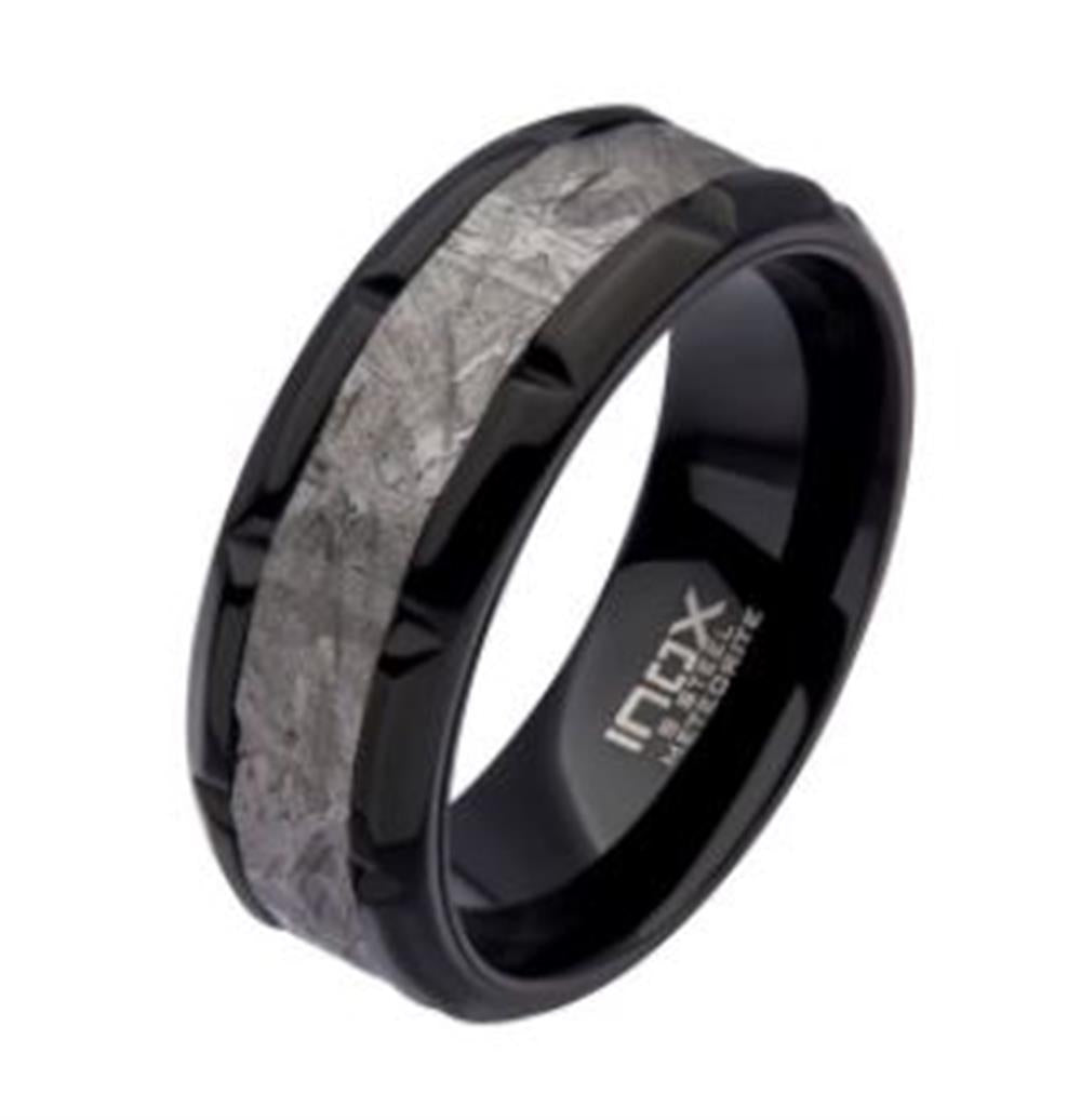 A black metal ring with a textured silver-grey band encircling its middle, reminiscent of a Men's Meteorite Inlay. The interior of the ring is inscribed with the brand name "INOX" and additional text in white. This Men's Meteorite Inlay Black Plated Notch Ring in size 10 boasts a modern, rugged design perfect for men's ring collections.
