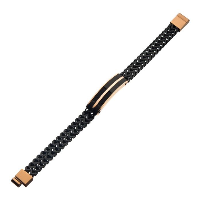 A stylish black braided bracelet with a polished metal centerpiece featuring rose gold and black accents. The INOX Stainless Steel, Black IP & Rose Gold IP Franco Chain Bracelet is reminiscent of the refined Double Franco Chain design and has gold-toned clasps on each end, enhancing its elegant look.