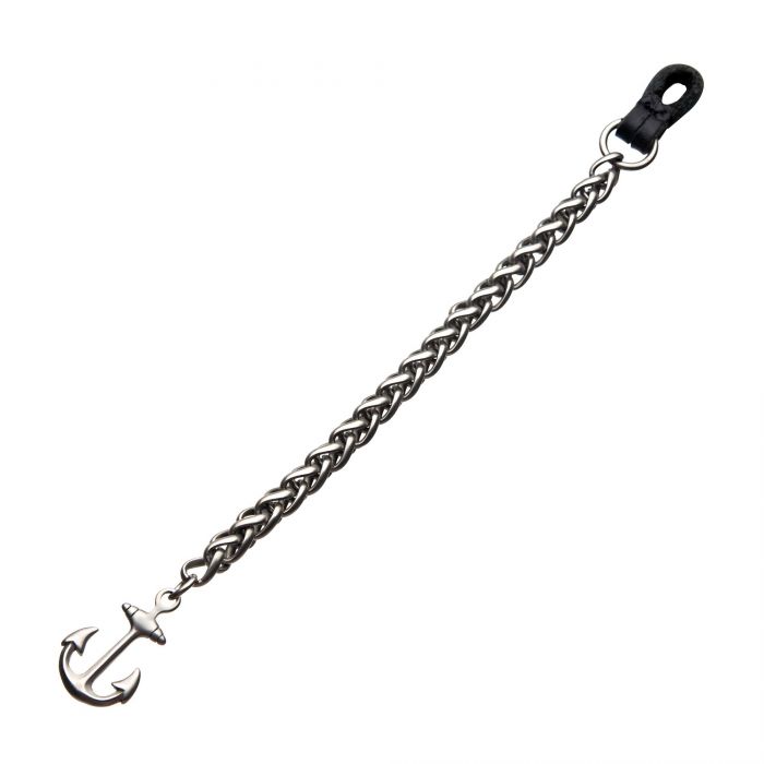An INOX Stainless Steel and Antiqued Finish Anchor with a Black Leather Chain Bracelet is displayed against a white background.