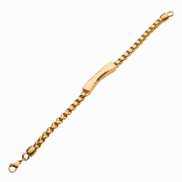 The Matte 18K Gold IP Chiseled Engravable Drop with Bold Box Chain Bracelet by INOX is an elegant and classic men's gold bracelet. It features a box chain pattern and is secured with a lobster clasp. Crafted from 18K gold, the bracelet includes a central rectangular bar with a sleek, smooth finish, making it perfect for any occasion.
