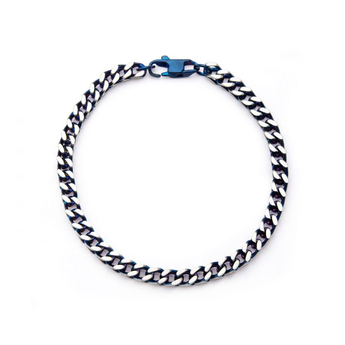 A sleek 8-inch Men's Stainless Steel Bracelet featuring a Cuban link design with a mix of black and silver-toned links and a secure clasp. The bracelet's alternating matte and polished finishes provide a contemporary and stylish look, reminiscent of the modern Steel Blue IP Franco Chain Bracelet by INOX.