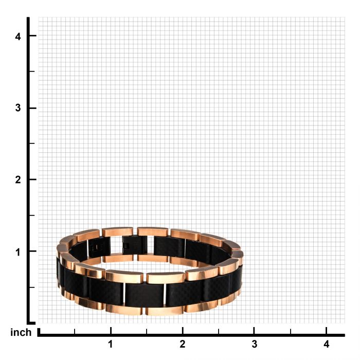 The Black and Rose Gold Plated with Carbon Fiber Link Bracelet by INOX, primarily black with rose gold plated accents, is placed on graph paper with inch measurements on the x and y axes to indicate its dimensions. This bracelet features a glossy finish and a modern, segmented design.