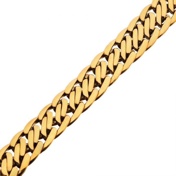 A close-up view of the Stainless Steel Gold Plated Double Helix Chain Bracelet by INOX. The interlocking links are polished and shiny, creating a sleek and luxurious appearance. The background is plain white, emphasizing the bracelet's texture and color.