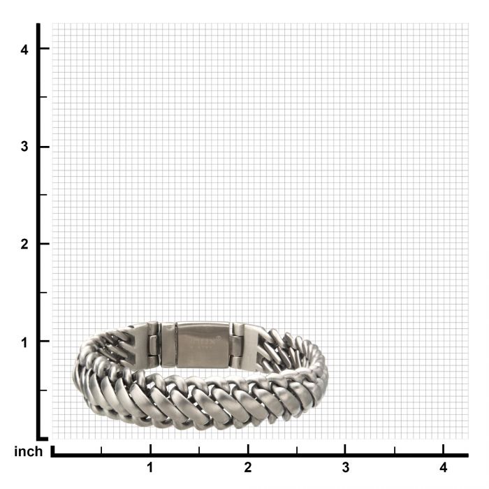 The Matte Stainless Steel Big Double Chain Bracelet by INOX, characterized by its chunky interlocking links and clasp, is displayed on a graph paper background. The grid lines on the paper indicate that this robust men’s bracelet measures approximately 4 inches in length when laid flat.