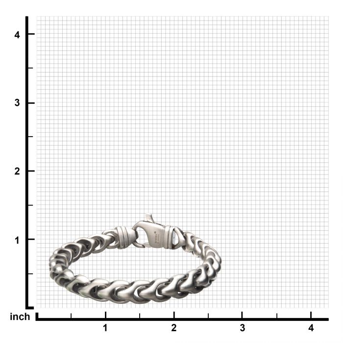 The Matte Stainless Steel Big 11mm Chain Bracelet from INOX, featuring a sleek design with a clasp, is placed on a grid paper background. The grid lines are marked in inches, indicating the bracelet's length of 8.5 inches and the total grid extending to 4 inches by 4 inches.