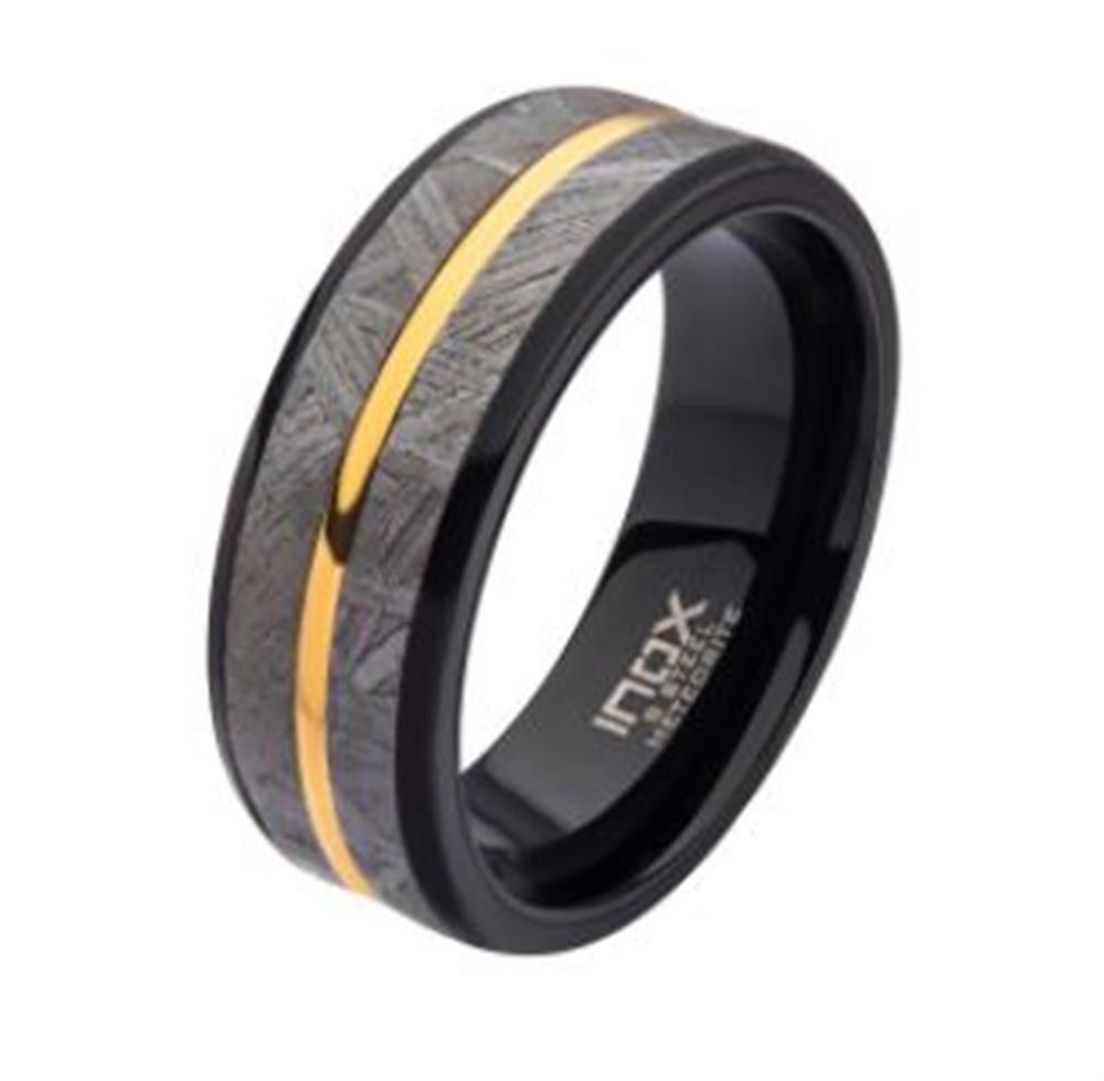 A black tungsten carbide ring by INOX featuring a matte grey center with a gold stripe and engraved with the "INOX" logo on the inner band. The grey center displays a textured pattern, offering a contrast to the polished black edges in this striking Men's Gold Plated & Meteorite Inlay Black Plated Ring. Size 10.