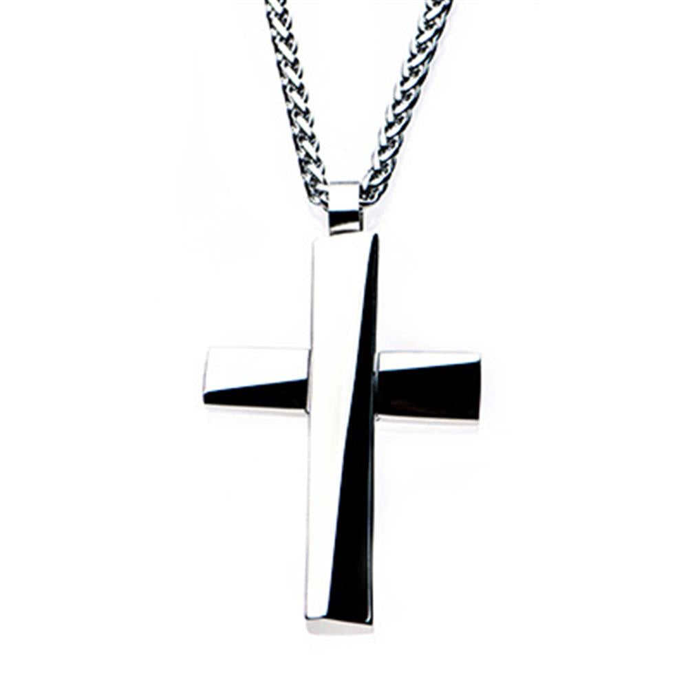 A sleek silver cross pendant hangs on the Men's Stainless Steel Cross Pendant Necklace by INOX. The pendant, with its modern, angular design and glossy finish, reflects light prominently, making a striking statement on the 24-inch chain.