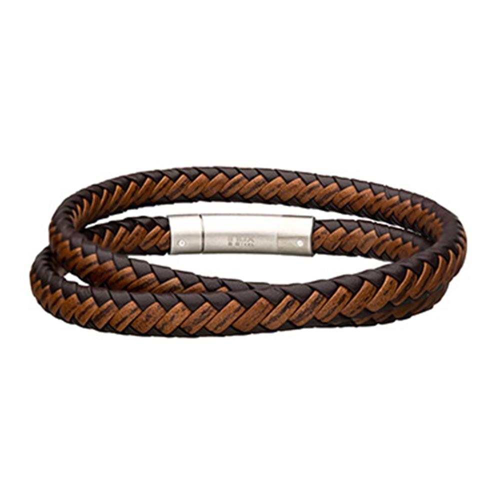 The Men's Stainless Steel Dark and Light Bracelet by INOX is a double-wrapped braided leather bracelet, featuring a mix of dark and light brown strands and finished with a sleek, cylindrical steel clasp.