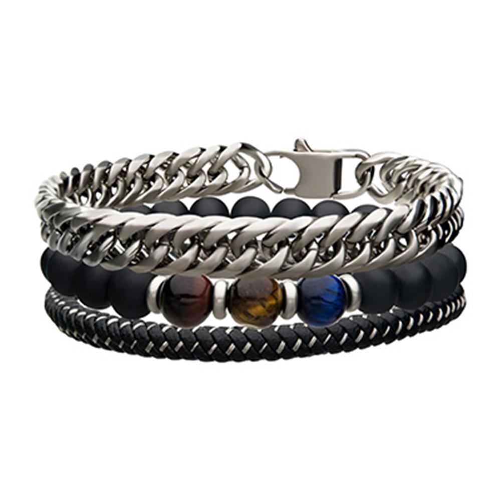 Presenting the Men's Black Braided Leather Bracelet by INOX: a stylish accessory featuring a thick silver chain, dual strands of black matte beads interspersed with polished stone beads in shades of brown, yellow, and blue, and a sophisticated black braided leather strand. This bracelet is secured with a clasp fastening mechanism.