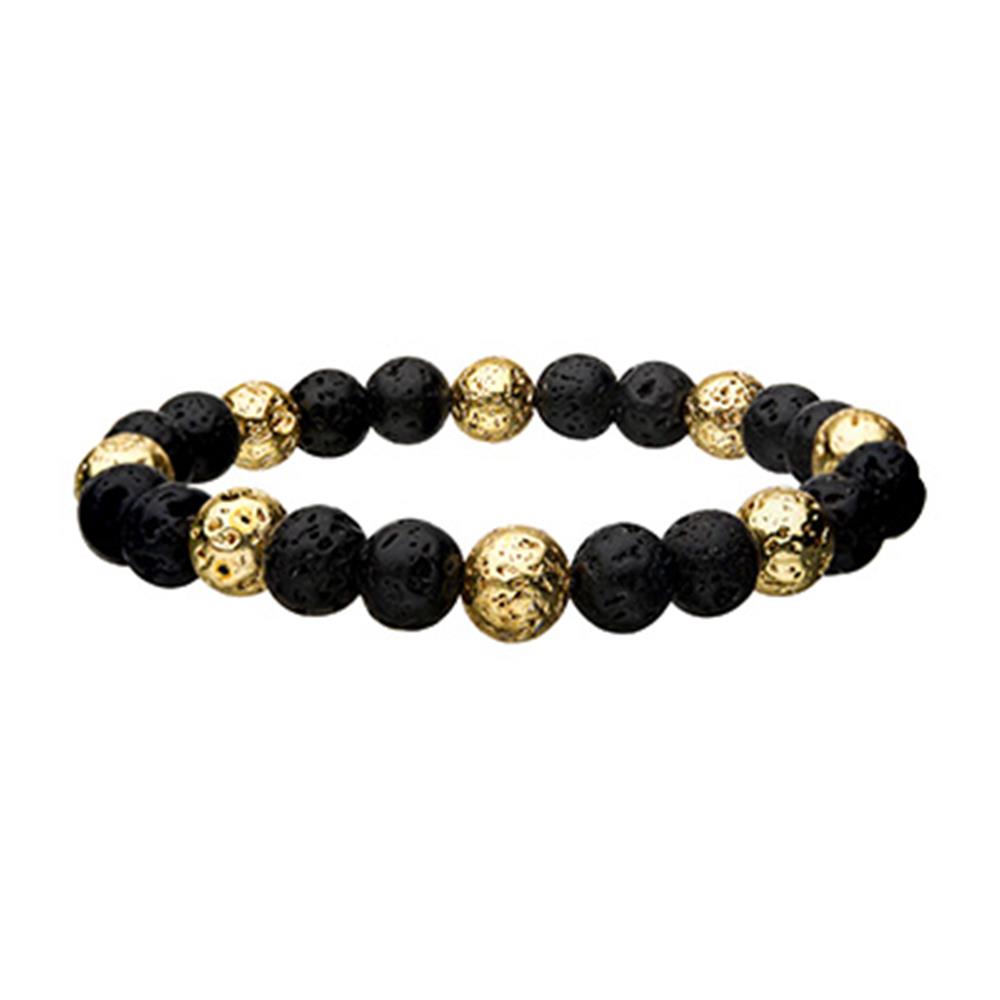 Introducing the Men's Stainless Steel Bracelet by INOX, featuring alternating gold-plated and black lava beads. The gold beads showcase a textured surface, while the matte black lava beads offer a slightly rough finish. This elastic bracelet is circular in shape, designed for comfort and style.
