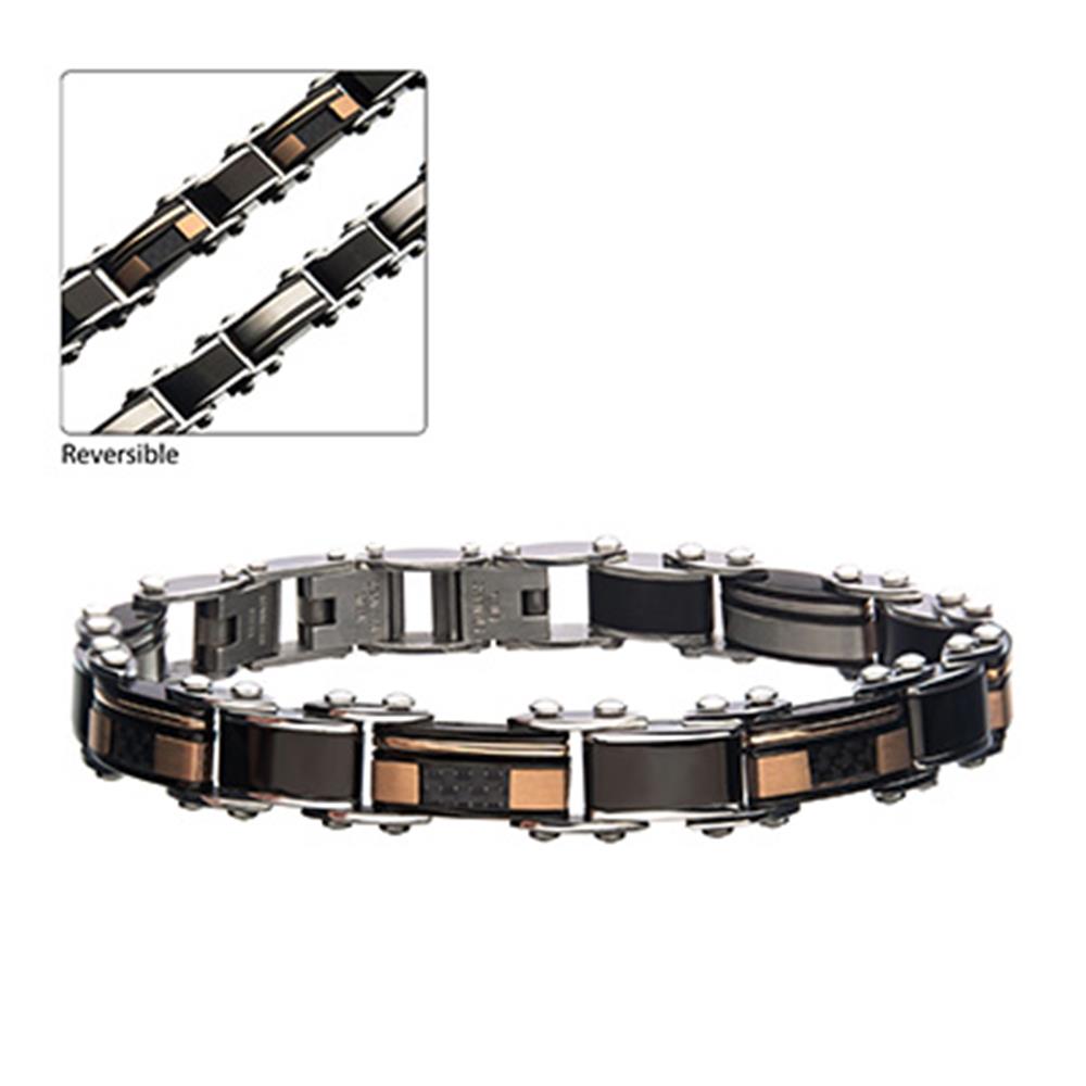 Introducing the INOX Men's Stainless Steel Matte Rose Gold and Black Plated Reversible Bracelet, a modern accessory showcasing alternating black and rose gold-toned rectangular links connected by small silver connectors. Highlighted in a detailed close-up and full view, this bracelet epitomizes sleek and stylish design.