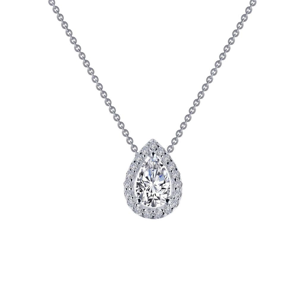 The Pear-Shaped Halo Necklace by Lafonn showcases a central clear gemstone set in a pear-shaped pendant, surrounded by a halo of simulated diamonds. It features an elegantly simple sterling silver link chain, making it one of those timeless classics you'll cherish forever.