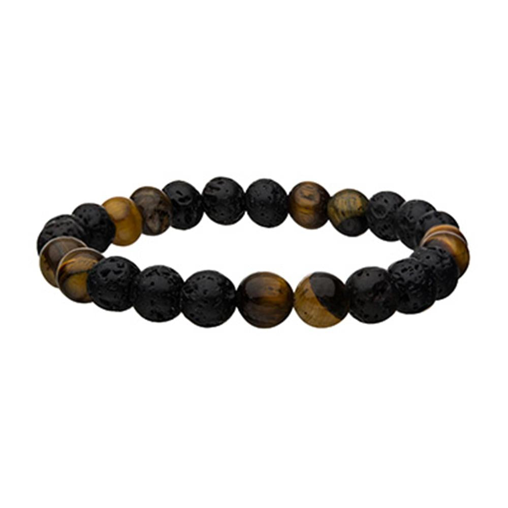 A Men's Stainless Steel Bracelet | INOX made of alternating black and tiger eye beads, strung together elastically in a circular formation. The black beads have a matte, textured surface, while the tiger eye beads have a glossy, brown and gold striped appearance.