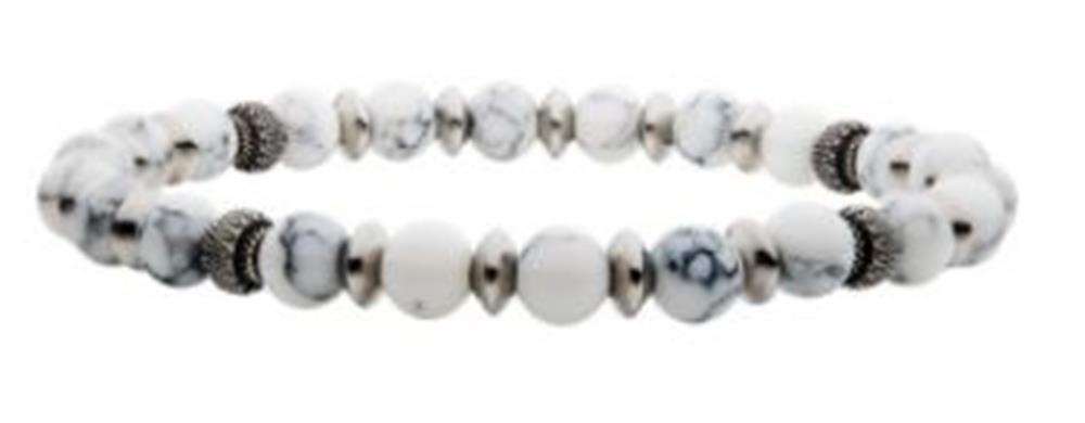 The INOX Men's 6.5mm White Howlite Stone bracelet features stones with subtle gray veining, complemented by black oxidized beads. The bracelet is designed in a symmetrical pattern, alternating the stone beads with metallic spacers for a balanced and stylish look.
