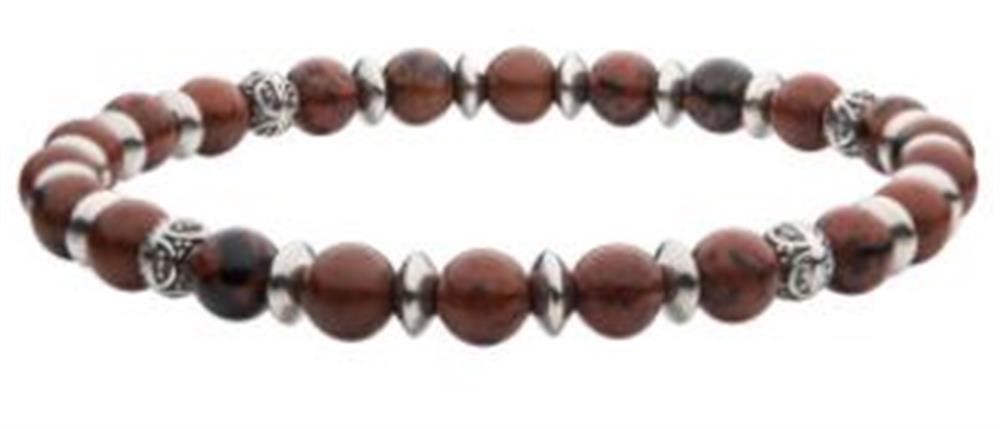 The "Brown Obsidian Stones Bracelet" by INOX showcases circular beads made of alternating brown obsidian and black marbled stones, interspersed with small silver spacer beads. This striking bracelet also features black oxidized beads, all evenly strung on an elastic band for a seamless, continuous design.