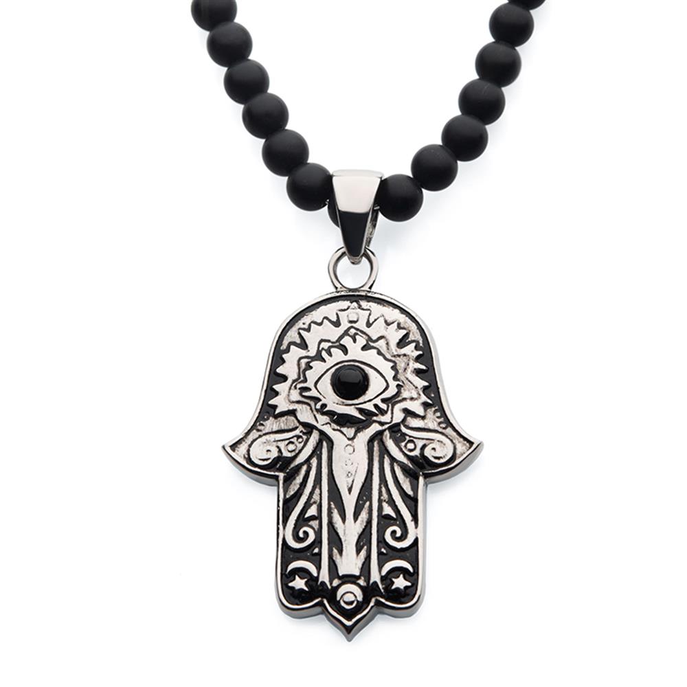 The INOX Men's Stainless Steel with Centerpiece Black Agate Stone Hamsa Pendant is a striking piece, featuring intricate designs on its silver Hamsa hand pendant and complemented by black beads.