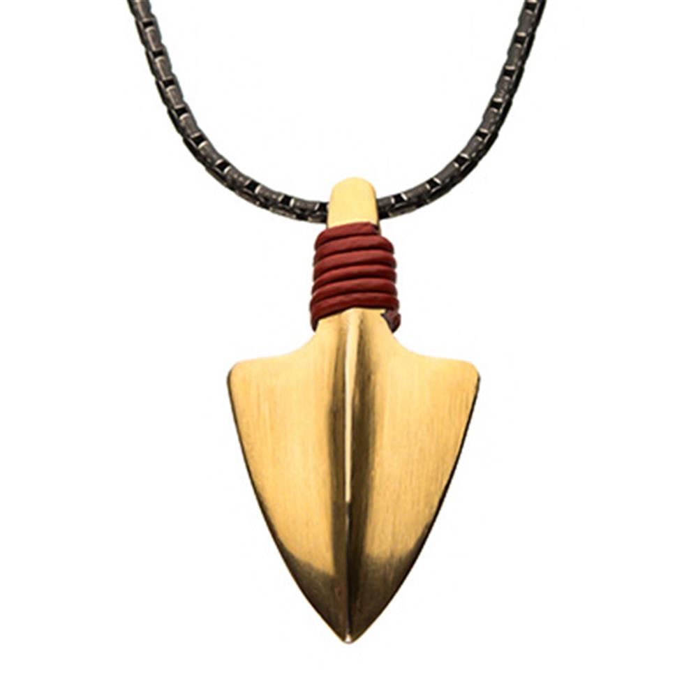 The Men's Stainless Steel Gold Pendant Necklace by INOX features a polished, symmetrical gold arrowhead pendant with a pointed tip and smooth edges. Wrapped in red cord, the pendant is suspended on a 22-inch chain, adding a striking contrast to the sleek design of this necklace.