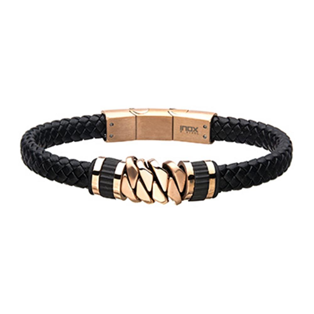 Introducing the INOX Men's Stainless Steel Rose Gold Plated Serrated Braided Leather Bracelet, featuring a sleek black leather band and a rose gold clasp. The centerpiece is adorned with interwoven rose gold and black stainless steel elements, adding an elegant touch.