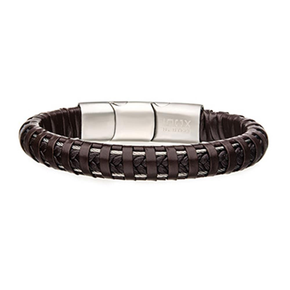 The INOX Men's Stainless Steel Clasp with Brown Leather Bracelet, measuring 8 1/2 inches long, features interwoven dark brown leather strips and a polished stainless steel magnetic clasp. Its minimalist design provides a modern and stylish accessory suitable for both casual and formal attire.