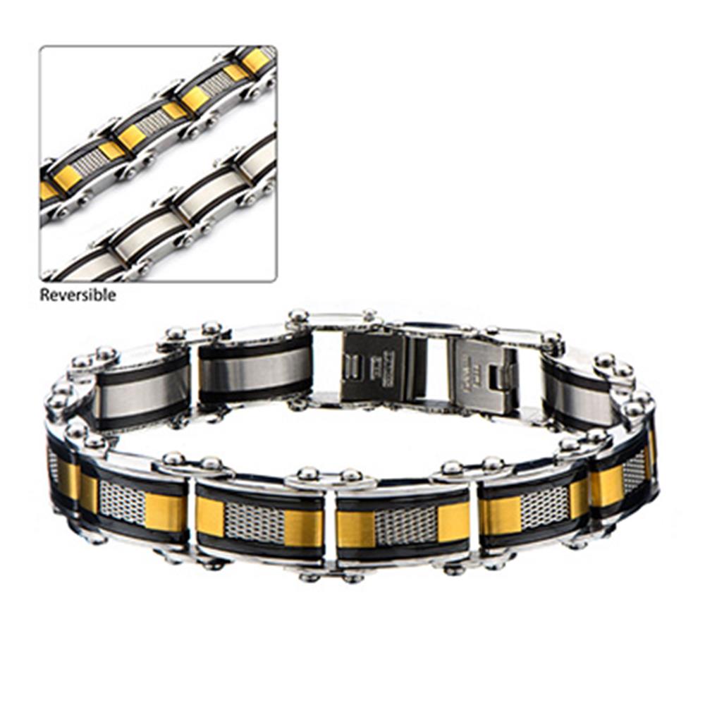 A sleek, metallic INOX men's stainless steel double-sided bracelet featuring alternating gold and silver rectangular links, connected by small silver screws. The inset image shows a close-up of the reversible design, highlighting the intricate, textured patterns on each side.
