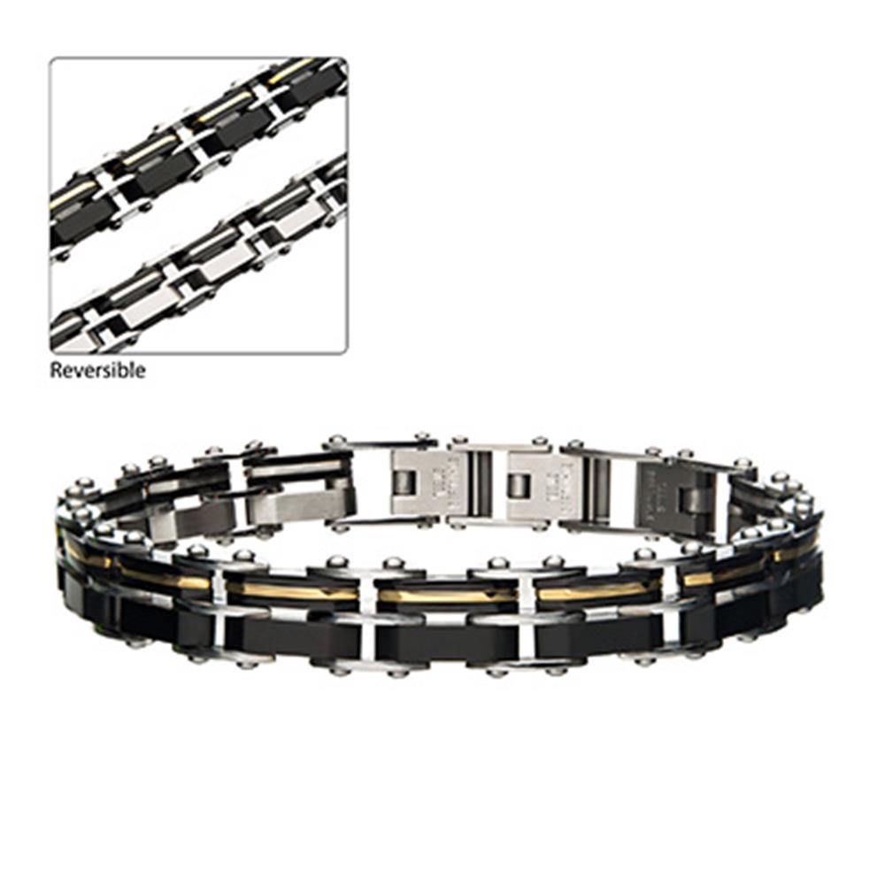 A Men's Stainless Steel Gold Plated & Black Plated Reversible Bracelet by INOX features a segmented design with interlinking gold and black components. The insert offers a close-up of the intricate pattern, highlighting the bracelet's two-tone coloration and detailed craftsmanship. This modern piece is perfect for adding a touch of elegance to any man's attire.