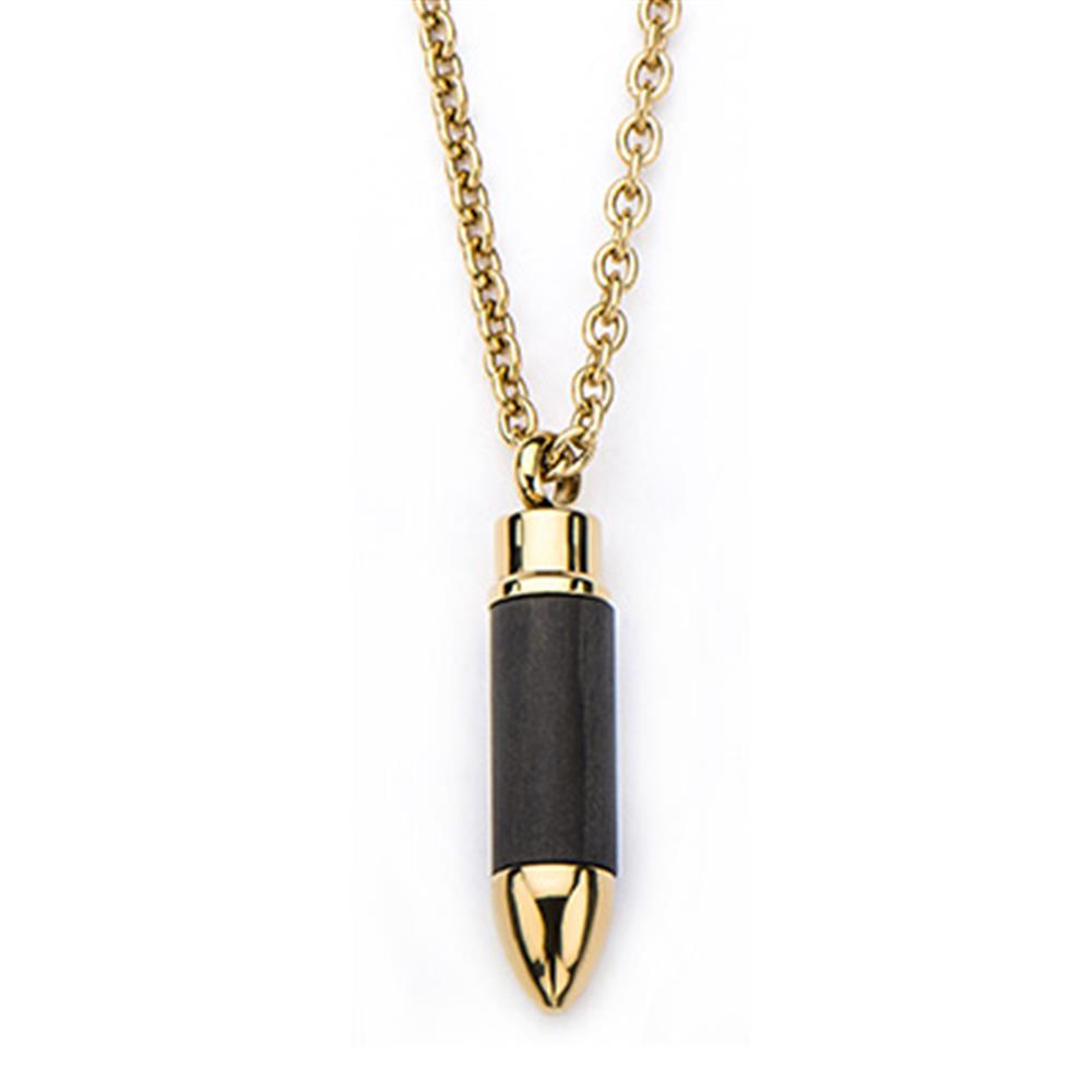 The INOX Men's Stainless Steel Gold Bullet with Screw Top Lid Pendant Necklace features a gold-colored cylindrical pendant with a black middle section, hanging from a matching gold chain. The shiny, bullet-shaped pendant crafted in stainless steel has a rounded tip, and the evenly-sized links of the chain are completed with durable Gold IP plating for added resilience.