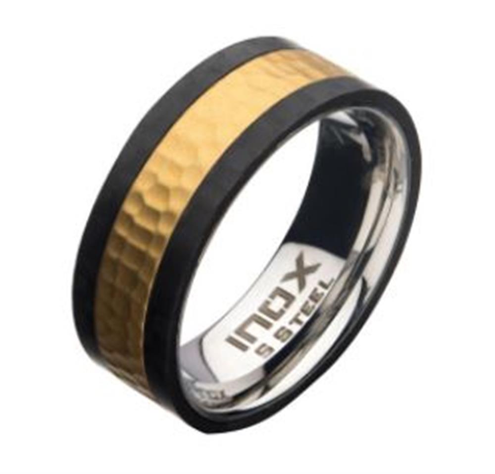 This INOX "Stainless Steel & Carbon w/ Gold Hammering" ring, size 10, showcases a striking gold hammering texture band at its center, accented by sleek black edges. The interior is a shiny silver with the marking "inox steel.