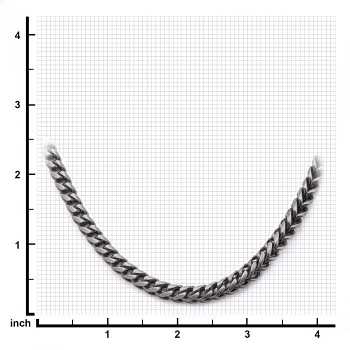 A Hollis Bahringer Men's Stainless Steel Necklace by INOX, featuring thick interlocking links in a U-shape, is laid on a grid background. The grid shows inch measurements along the X and Y axes from 0 to 4 inches, indicating that the fox tail link chain measures approximately 4 inches at its longest span.