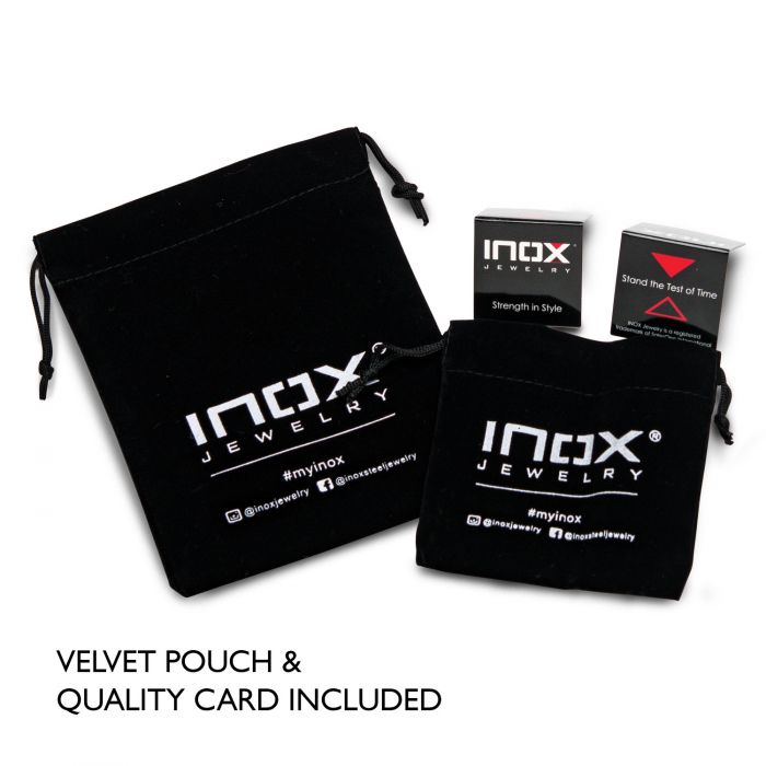 Two black velvet pouches from INOX, one large and one small, are displayed. Each pouch is branded with the INOX logo. Accompanying the "Strength in Style" and "Stand the Test of Time" quality cards is a stunning 18K Yellow Gold Men’s Engravable ID Block Franco Chain Bracelet. Text reads: "VELVET POUCH & QUALITY CARD