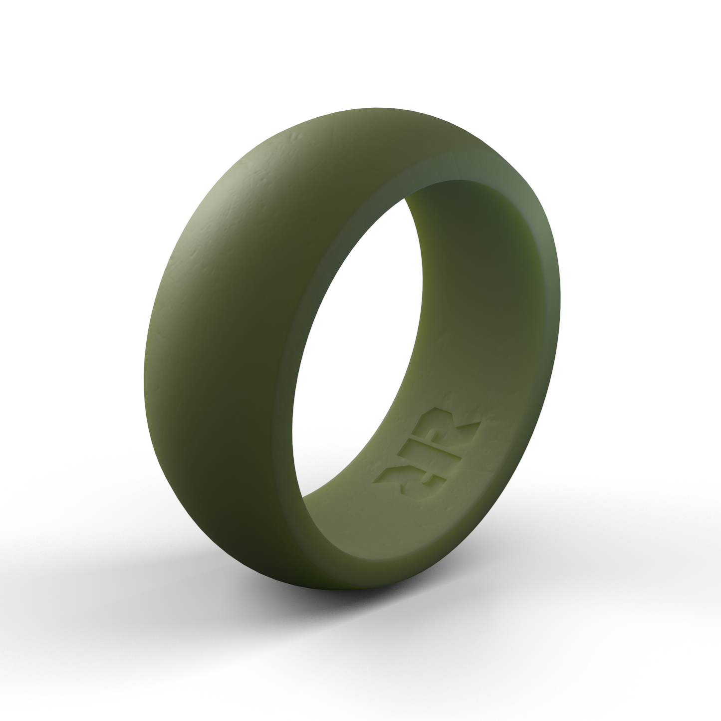 A plain, matte army green ring with a simple design made from medical grade silicone. The interior features a small, embossed symbol resembling a double "R." This Baxley Jewelry Men's Army Green Silicone Wedding Ring is displayed against a clean, white background.