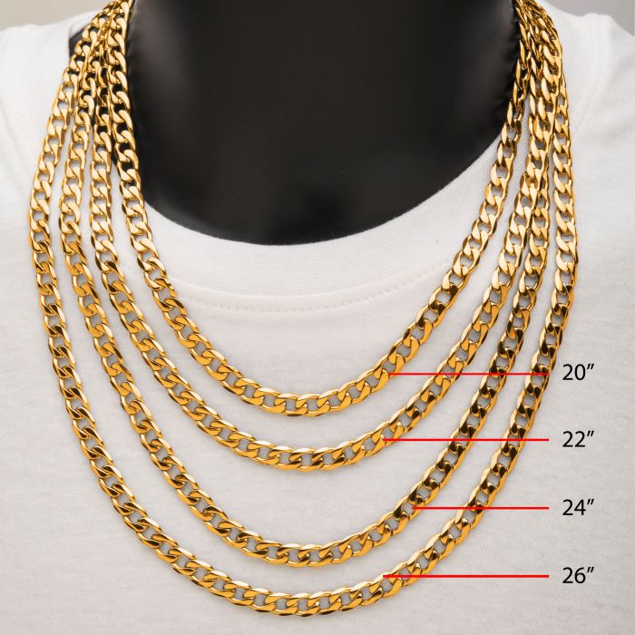 A mannequin showcasing an array of six layered men's stainless steel necklaces, each labeled with red lines and measurements of 20", 22", 24", and 26", with the focal piece being the INOX brand's 8mm, 22" long, 18K gold plated bevel curb chain. The display contrasts elegantly against a white shirt.