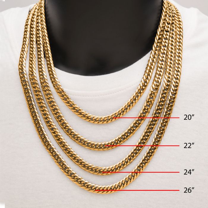 Close-up of a stunning 8mm 18K Gold Plated Dome Curb Necklace by INOX displayed on a black mannequin wearing a white shirt. The image showcases five men's stainless steel necklaces of varying lengths (20", 22", 24", and 26"), neatly arranged from shortest to longest, with length labels indicated in red text.